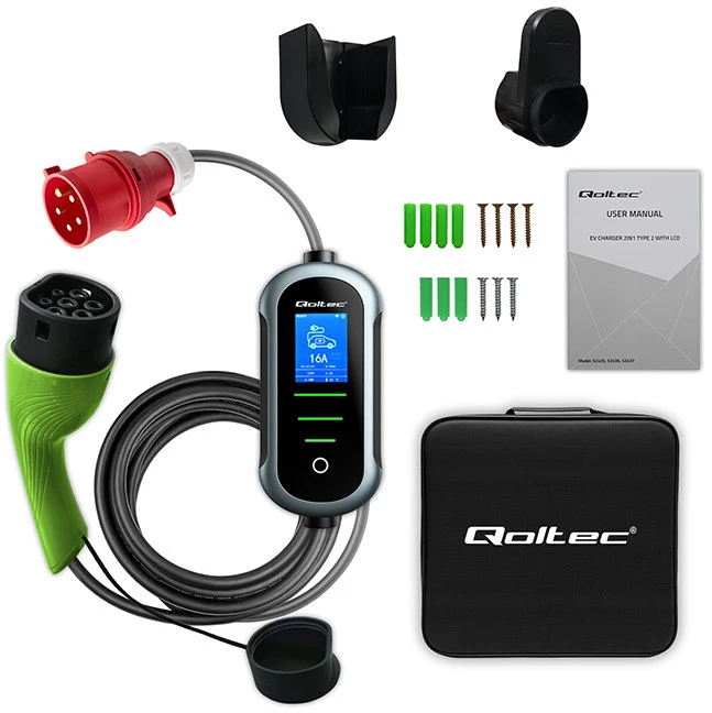 Qoltec 2in1 Type2 | 22kW | 400V | Wi-Fi | TUYA | SMART LIFE | LCD | Nešiojamas | Sieninis įkroviklis | 7m