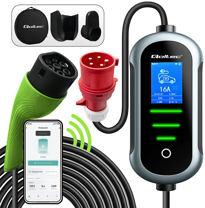 „Qoltec 2in1 Type2“ | 11 kW | 400 V | „Wi-Fi“ | „TUYA“ | „SMART LIFE“ | LCD | Nešiojamas | Sieninis įkroviklis | 5 m
