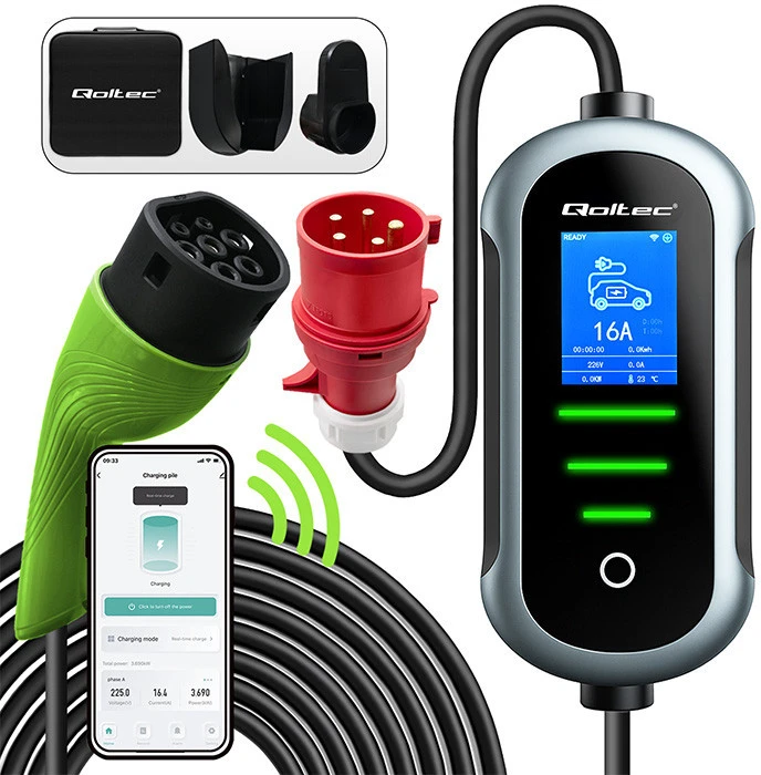 Qoltec 2in1 Type2 | 22kW | 400V | Wi-Fi | TUYA | SMART LIFE | LCD | Nešiojamas | Sieninis įkroviklis | 7m