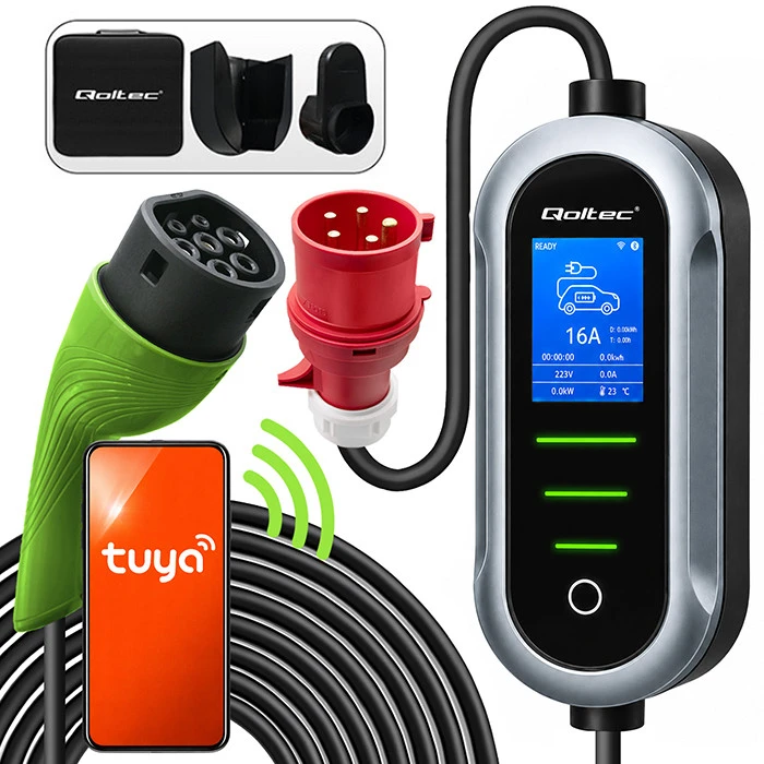 Qoltec 2in1 Type2 | 22kW | 400V | Wi-Fi | TUYA | SMART LIFE | LCD | Nešiojamas | Sieninis įkroviklis | 7m