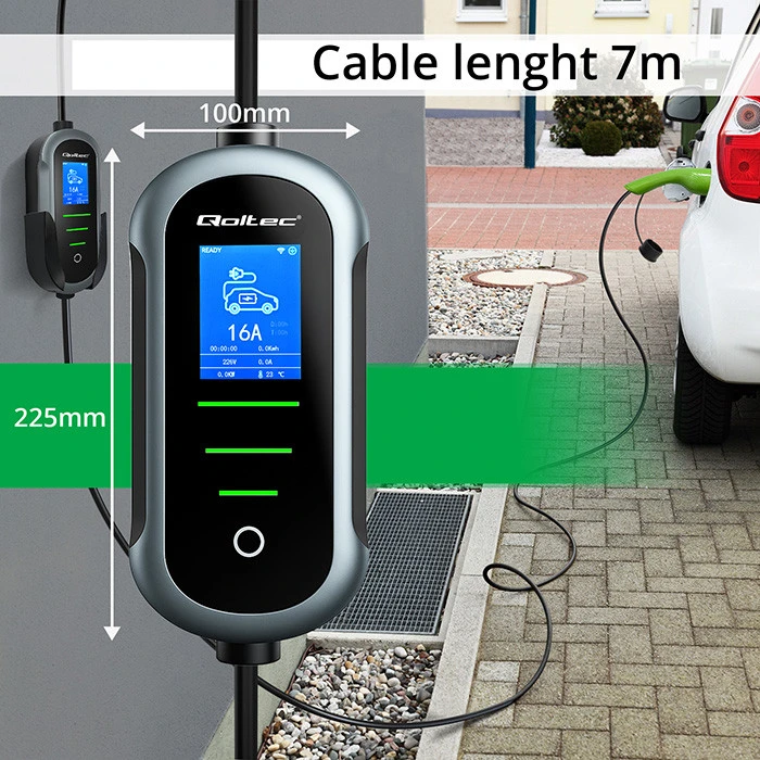 Qoltec 2in1 Type2 | 22kW | 400V | Wi-Fi | TUYA | SMART LIFE | LCD | Nešiojamas | Sieninis įkroviklis | 7m