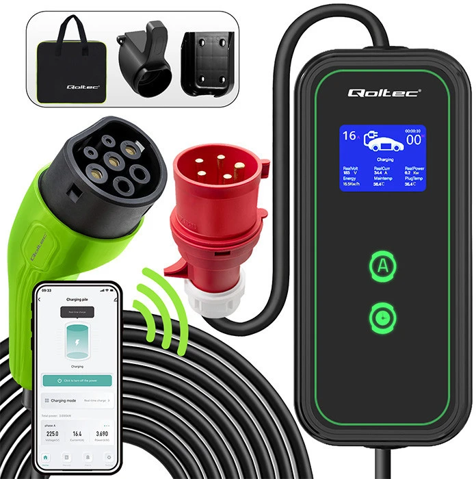 Qoltec mobilus įkroviklis elektromobiliui EV su reguliavimu 2 in 1, Type 2 | 11 kW | Wi-Fi | LCD | 3 fazės | 5 m