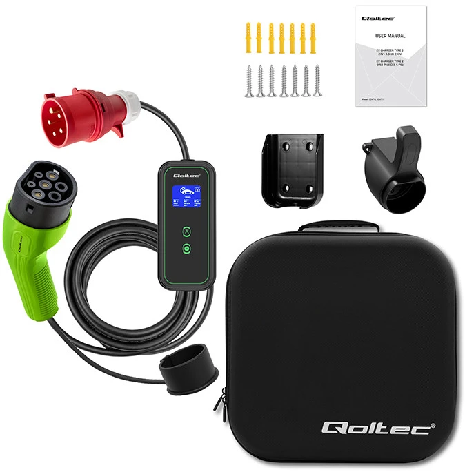 Qoltec mobilus įkroviklis elektromobiliui EV su reguliavimu 2 in 1, Type 2 | 11 kW | Wi-Fi | LCD | 3 fazės | 5 m