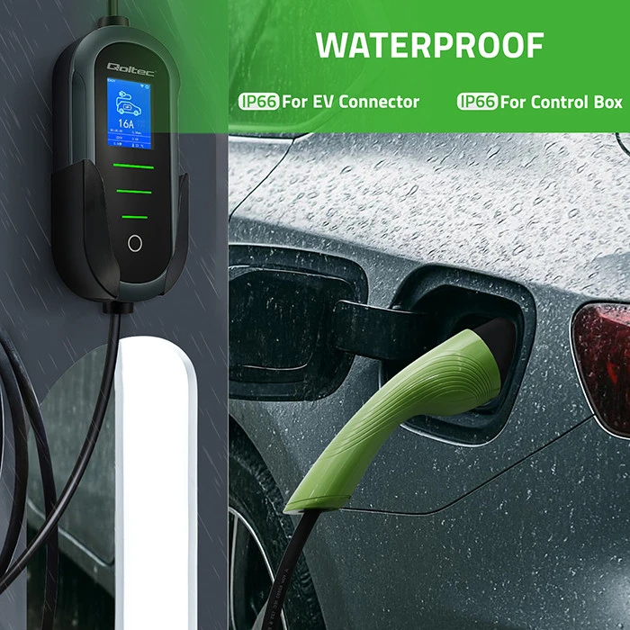 Qoltec 52720 Elektromobilio įkroviklis su 2in1 2 tipo reguliavimu | 11kW | 400V | CEE 16A | Wifi | TUYA | SMART LIFE | LCD | Nešiojamas | Sieninis įkroviklis | 5m