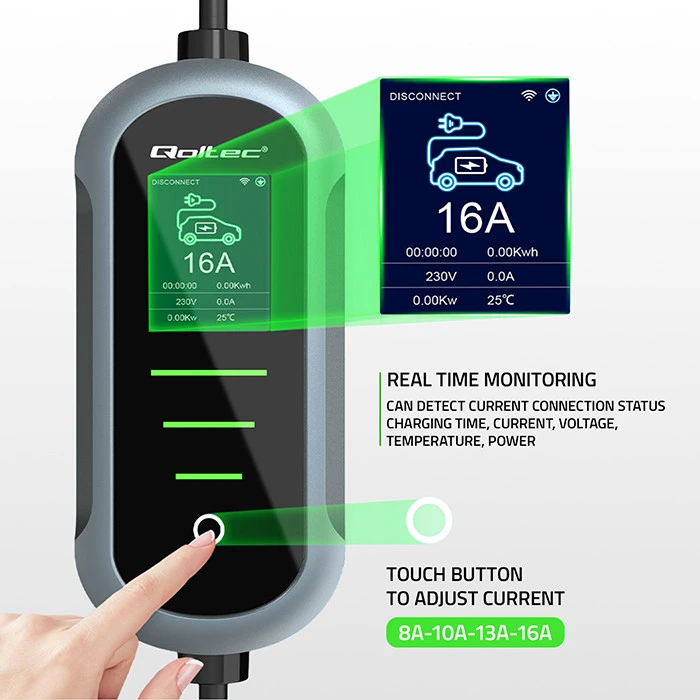 Qoltec 52720 Elektromobilio įkroviklis su 2in1 2 tipo reguliavimu | 11kW | 400V | CEE 16A | Wifi | TUYA | SMART LIFE | LCD | Nešiojamas | Sieninis įkroviklis | 5m
