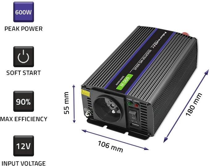 QOLTEC 51924 Monolitinis įtampos keitiklis 600 MS Wave / 12V iki 230V / 300/600W / USB