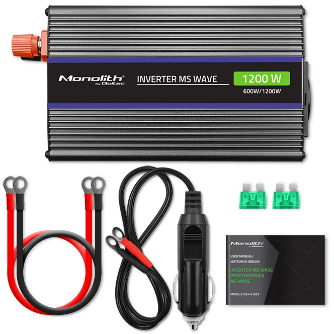 QOLTEC 51925 Monolitinis įtampos keitiklis 1200 MS Wave / 12V iki 230V / 600/1200W / USB