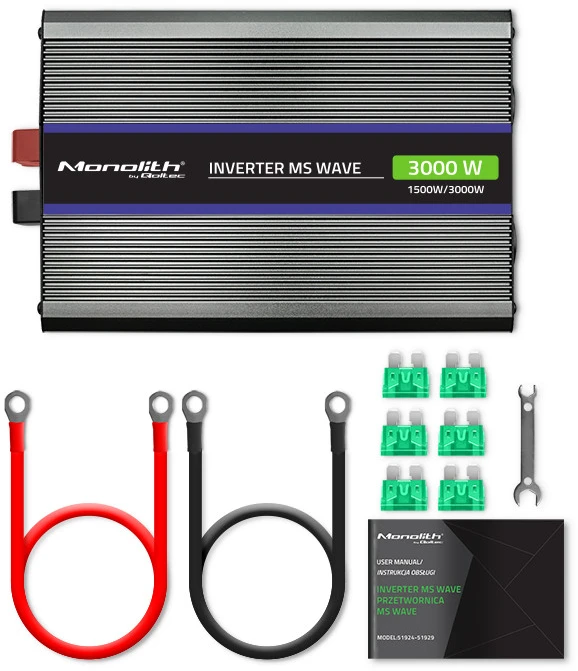 QOLTEC 51927 Monolitinis įtampos keitiklis 3000 MS Wave / 12V iki 230V / 1500/3000 / USB