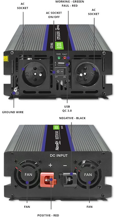QOLTEC 51927 Monolitinis įtampos keitiklis 3000 MS Wave / 12V iki 230V / 1500/3000 / USB