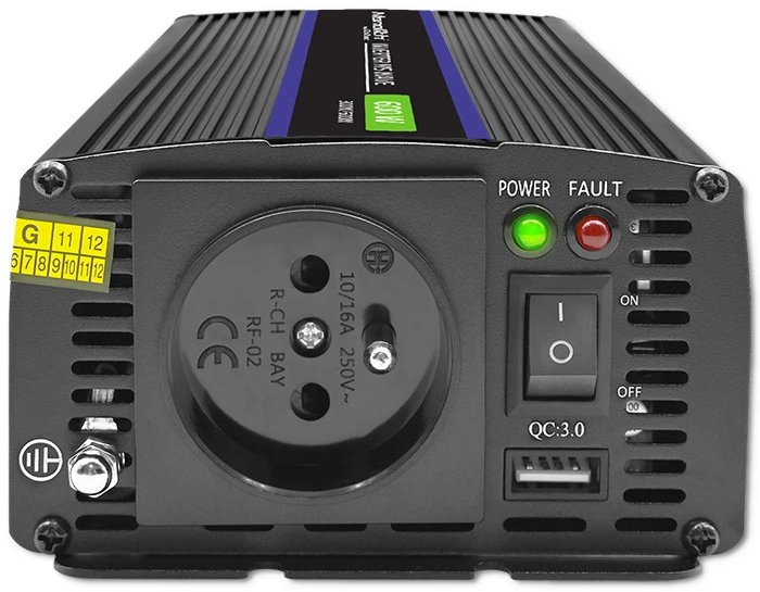 QOLTEC 51924 Monolitinis įtampos keitiklis 600 MS Wave / 12V iki 230V / 300/600W / USB