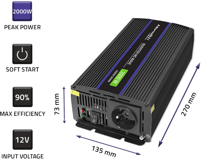 QOLTEC 51926 Monolitinis įtampos keitiklis 2000 MS Wave / 12V iki 230V / 1000/2000W / USB