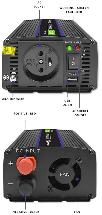 QOLTEC 51925 Monolitinis įtampos keitiklis 1200 MS Wave / 12V iki 230V / 600/1200W / USB
