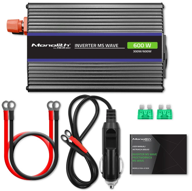 QOLTEC 51924 Monolitinis įtampos keitiklis 600 MS Wave / 12V iki 230V / 300/600W / USB