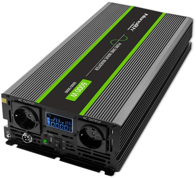 Qoltec Monolith įtampos keitiklis | 3000W | 6000W | 24V į 230V | gryna sinusinė banga | LCD