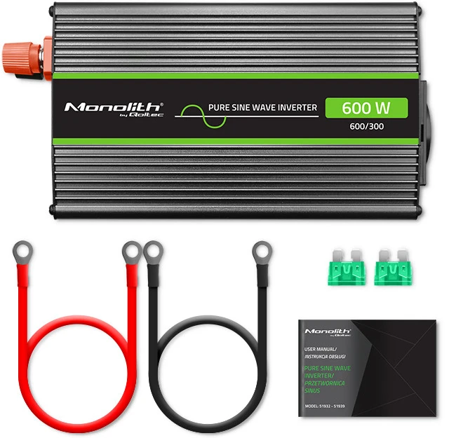 QOLTEC 51932 grynos sinusinės bangos keitiklis, monolitinis / 300 W / 600 W / 12 V–230 V