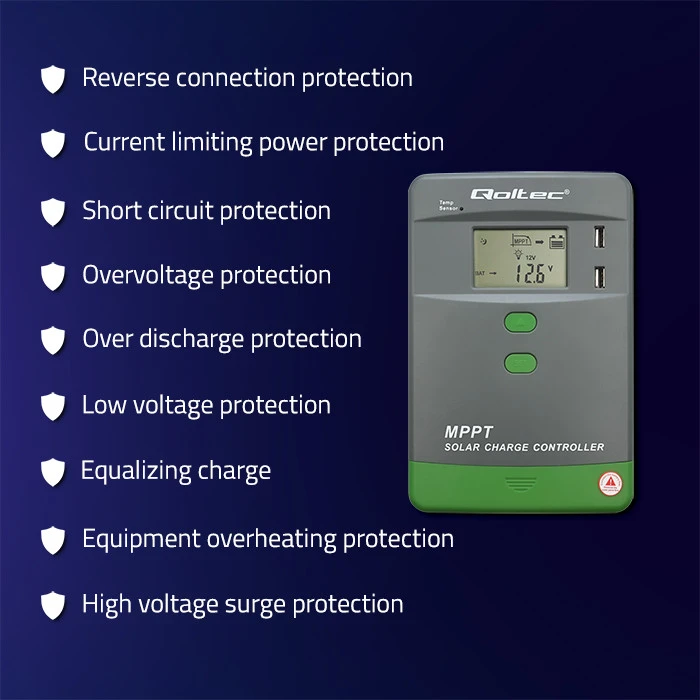 Qoltec 53663 Saulės įkrovimo valdiklis MPPT su temperatūros jutikliu 40A | 12V / 24V | LCD | 2x USB