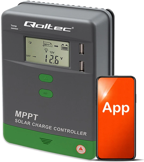 „Qoltec MPPT“ saulės įkrovimo valdiklis su temperatūros jutikliu 10A | 12V / 24V | LCD | 2 x USB | „Bluetooth“ | programėlė | GEL | LiFePO4