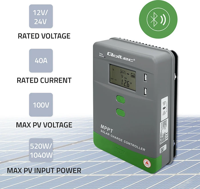 Qoltec 53663 Saulės įkrovimo valdiklis MPPT su temperatūros jutikliu 40A | 12V / 24V | LCD | 2x USB