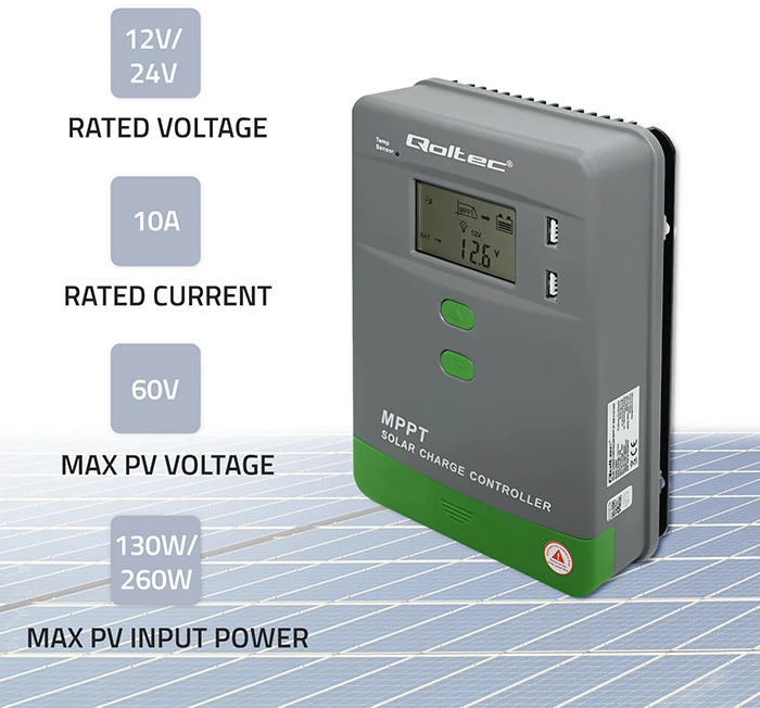 Qoltec MPPT saulės įkrovimo valdiklis 10A 12V/24V LCD 2xUSB