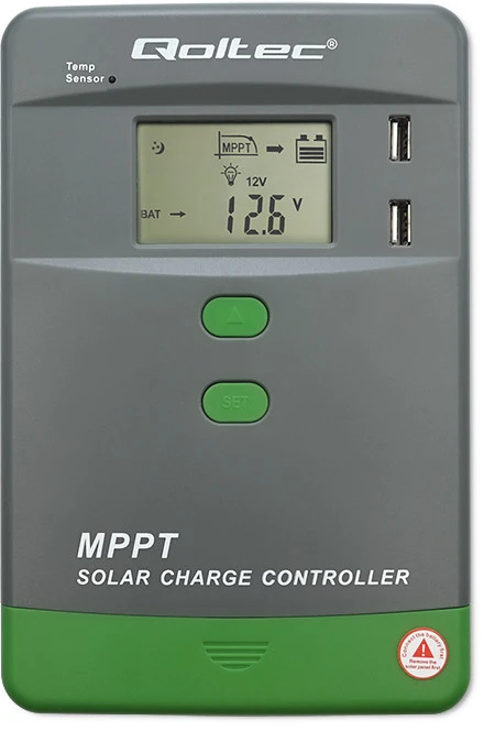 Qoltec MPPT saulės įkrovimo valdiklis 10A 12V/24V LCD 2xUSB