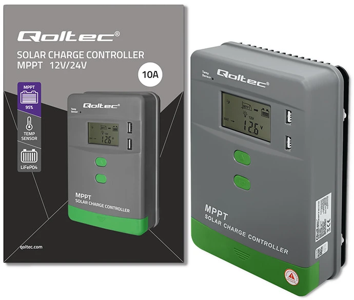 Qoltec MPPT saulės įkrovimo valdiklis 10A 12V/24V LCD 2xUSB
