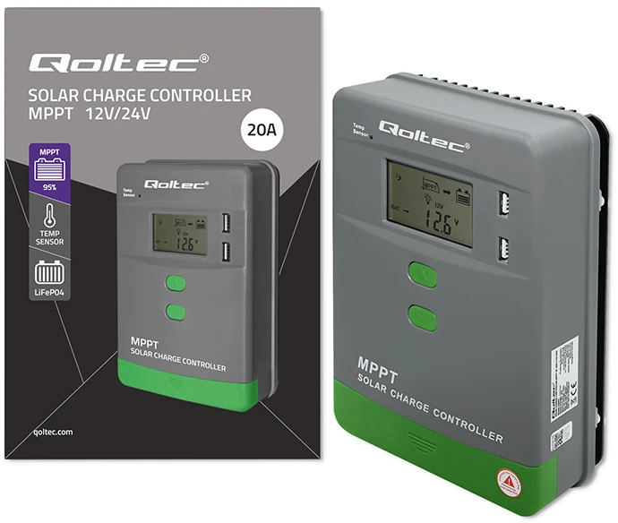 Qoltec MPPT saulės įkrovimo valdiklis 20A 12V/24V LCD 2xUSB GEL LiFePO4