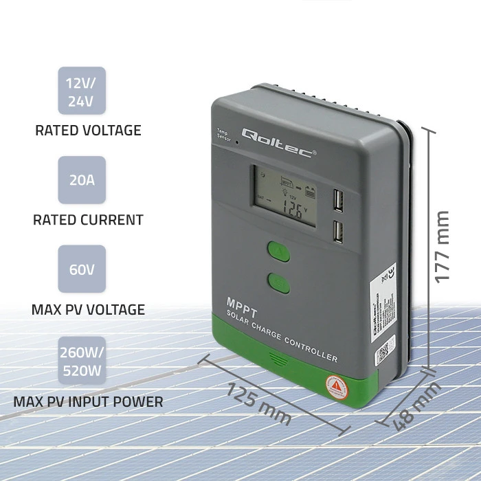 Adapteris Saulės valdiklis įkrovimo mppt su temperatūros jutiklis 20a12v / 24v lcd 2 x usb Qoltec