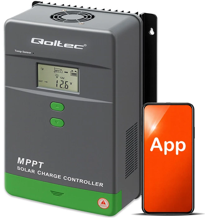 „Qoltec MPPT“ saulės įkrovimo valdiklis su temperatūros jutikliu 60A | 12V / 24V | LCD | „Bluetooth“ | programėlė | gelis | LiFePO4