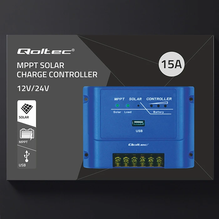 Qoltec MPPT saulės įkrovos valdiklis 15A 12V/24V AGM