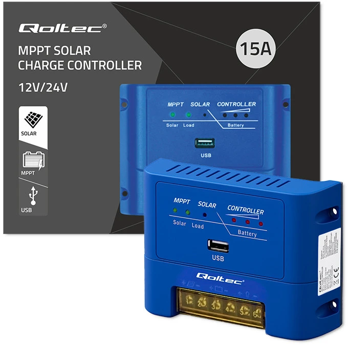 Qoltec MPPT saulės įkrovos valdiklis 15A 12V/24V AGM