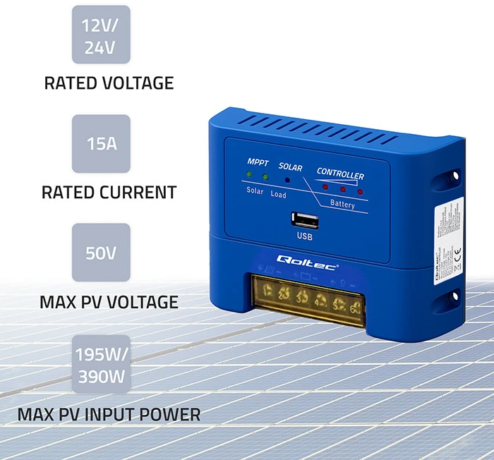 Qoltec MPPT saulės įkrovos valdiklis 15A 12V/24V AGM