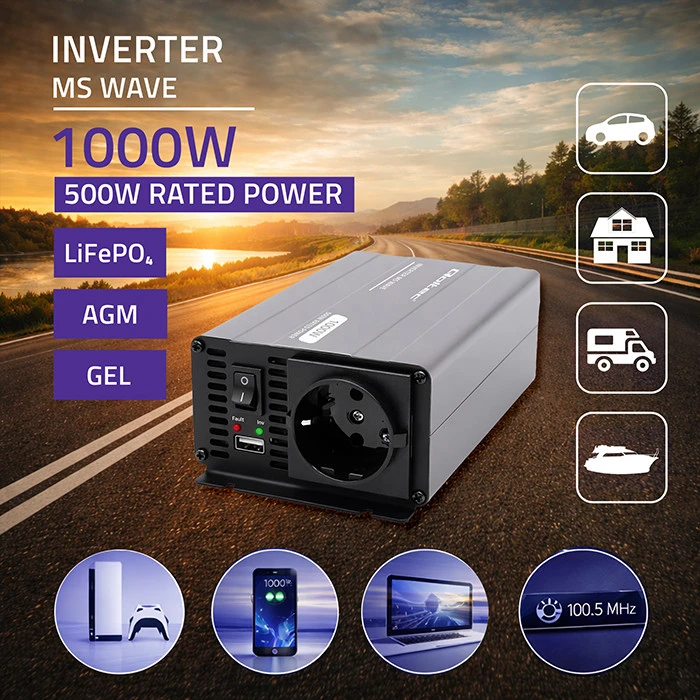 Qoltec MS Wave | 12 V - 230 V | 500/1000 W | USB