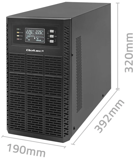 QOLTEC 52282 Nepertraukiamo maitinimo šaltinis UPS / 3kVA / 3000W / Galios koeficientas 1.0 / LCD / EPO / USB / Prisijungęs
