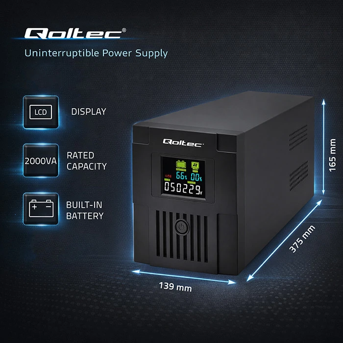 QOLTEC 53771 nepertraukiamo maitinimo linijos interaktyvus monolitas 2000VA 1200W LCD USB