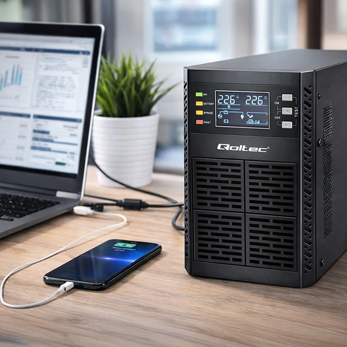 QOLTEC 52281 Nepertraukiamo maitinimo šaltinis UPS / 2kVA / 2000W / Galios koeficientas 1.0 / LCD / EPO / USB / Prisijungęs