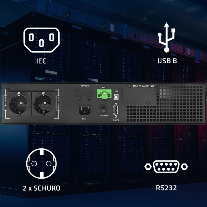 QOLTEC 52285 nepertraukiamo maitinimo UPS, skirtas RACK / 1kVA / 1000W / Galios koeficientas 1,0 / LCD / EPO / USB / On line