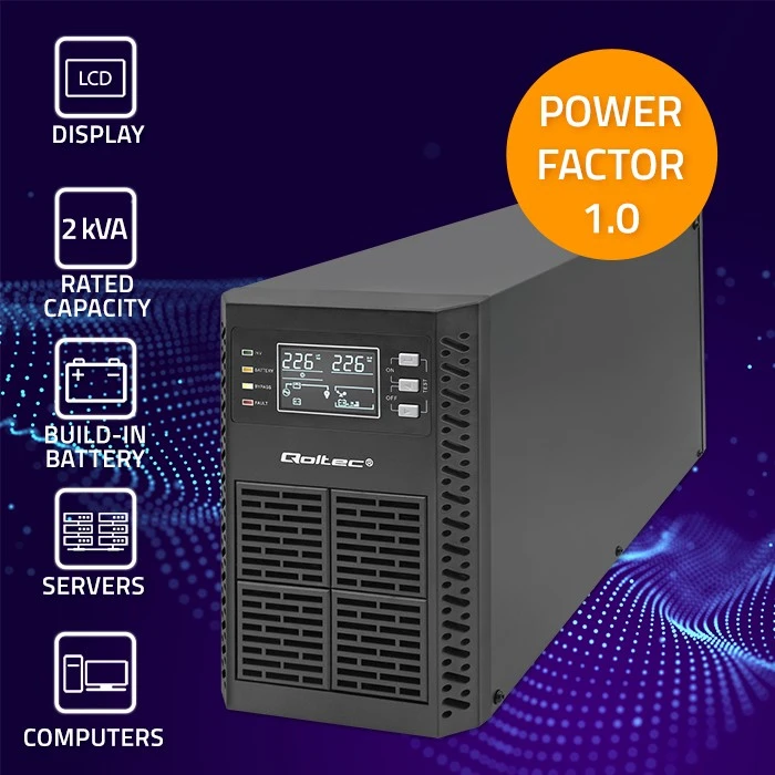 QOLTEC 52281 Nepertraukiamo maitinimo šaltinis UPS / 2kVA / 2000W / Galios koeficientas 1.0 / LCD / EPO / USB / Prisijungęs