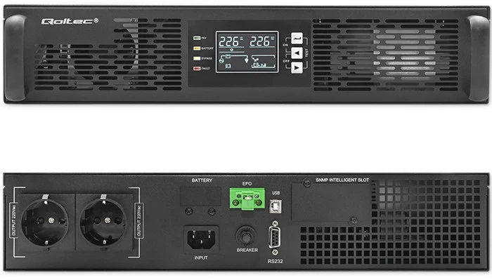 QOLTEC 52285 nepertraukiamo maitinimo UPS, skirtas RACK / 1kVA / 1000W / Galios koeficientas 1,0 / LCD / EPO / USB / On line