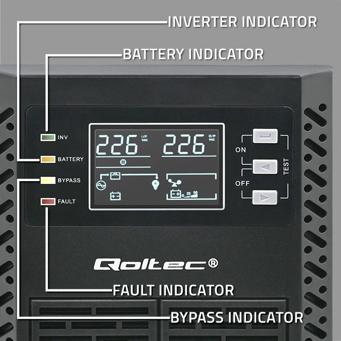 QOLTEC 52280 Nepertraukiamo maitinimo šaltinis UPS / 1kVA / 1000W / Galios koeficientas 1.0 / LCD / EPO / USB / Prisijungę