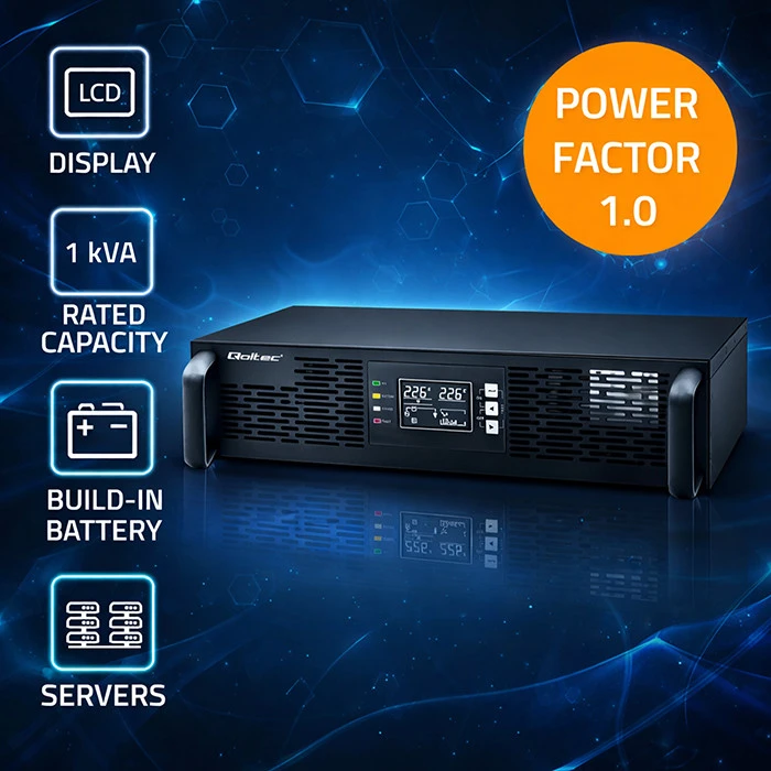 QOLTEC 52285 nepertraukiamo maitinimo UPS, skirtas RACK / 1kVA / 1000W / Galios koeficientas 1,0 / LCD / EPO / USB / On line