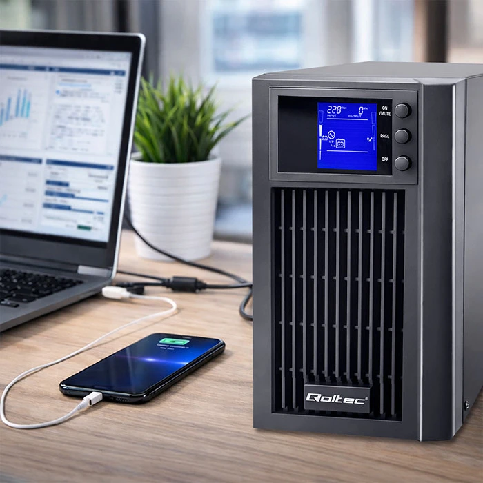 QOLTEC 53981 UPS / On line / Pure Sine Wave / 2kVA / 1,6kW / LCD / USB