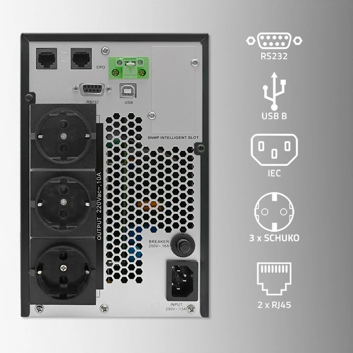 QOLTEC 52281 Nepertraukiamo maitinimo šaltinis UPS / 2kVA / 2000W / Galios koeficientas 1.0 / LCD / EPO / USB / Prisijungęs