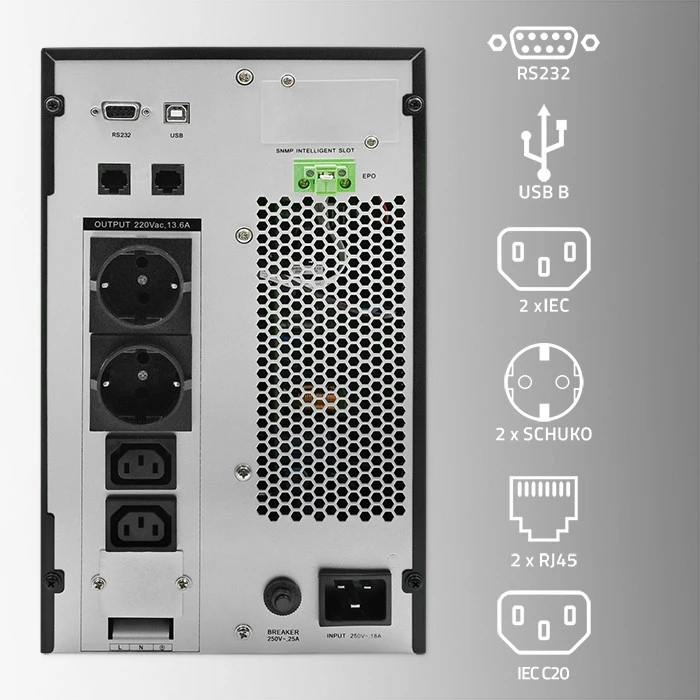 QOLTEC 52282 Nepertraukiamo maitinimo šaltinis UPS / 3kVA / 3000W / Galios koeficientas 1.0 / LCD / EPO / USB / Prisijungęs