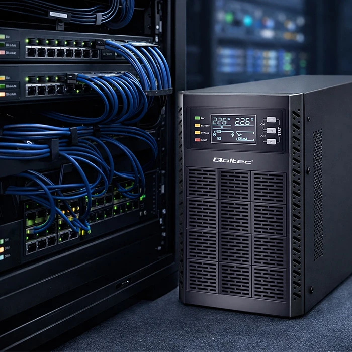 QOLTEC 52282 Nepertraukiamo maitinimo šaltinis UPS / 3kVA / 3000W / Galios koeficientas 1.0 / LCD / EPO / USB / Prisijungęs