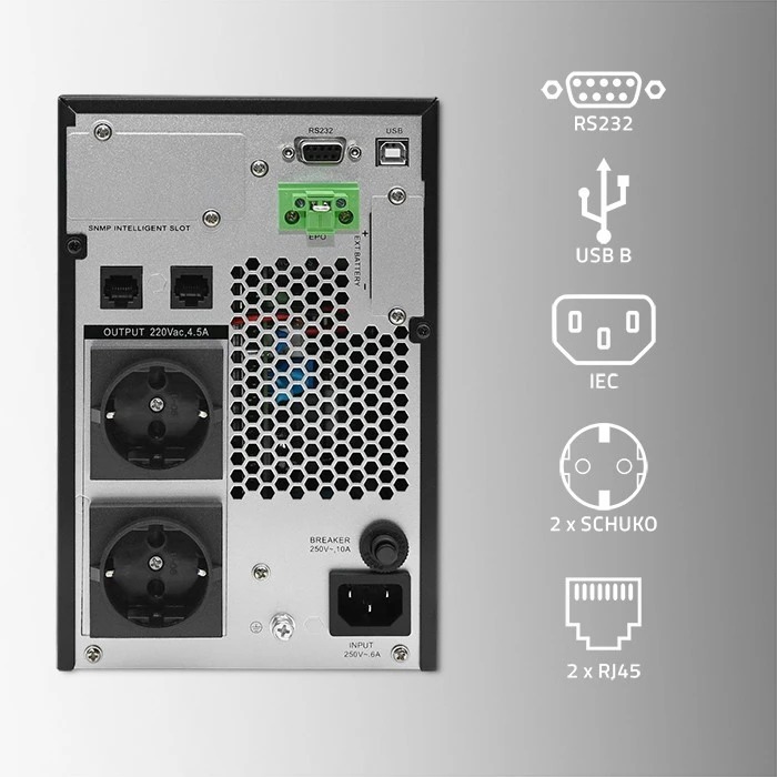 QOLTEC 52280 Nepertraukiamo maitinimo šaltinis UPS / 1kVA / 1000W / Galios koeficientas 1.0 / LCD / EPO / USB / Prisijungę