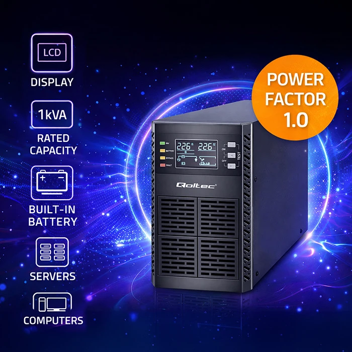 QOLTEC 52280 Nepertraukiamo maitinimo šaltinis UPS / 1kVA / 1000W / Galios koeficientas 1.0 / LCD / EPO / USB / Prisijungę