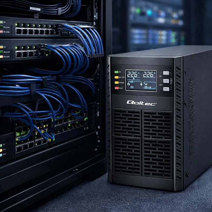 QOLTEC 52280 Nepertraukiamo maitinimo šaltinis UPS / 1kVA / 1000W / Galios koeficientas 1.0 / LCD / EPO / USB / Prisijungę
