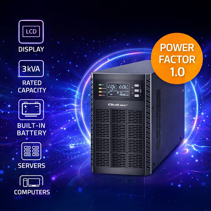 QOLTEC 52282 Nepertraukiamo maitinimo šaltinis UPS / 3kVA / 3000W / Galios koeficientas 1.0 / LCD / EPO / USB / Prisijungęs