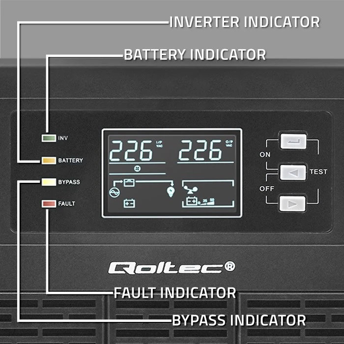 QOLTEC 52282 Nepertraukiamo maitinimo šaltinis UPS / 3kVA / 3000W / Galios koeficientas 1.0 / LCD / EPO / USB / Prisijungęs