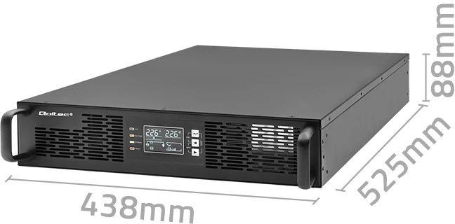 QOLTEC 52287 nepertraukiamo maitinimo šaltinis, skirtas RACK / 3kVA / 3000W / Galios koeficientas 1,0 / LCD / EPO / USB / On line